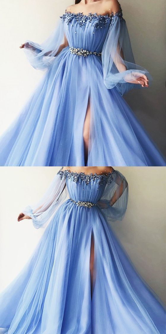 Elegant Blue Long Sleeves Off the Shoulder Beaded Crystal Side Slit Prom Dresses - VelvetHem