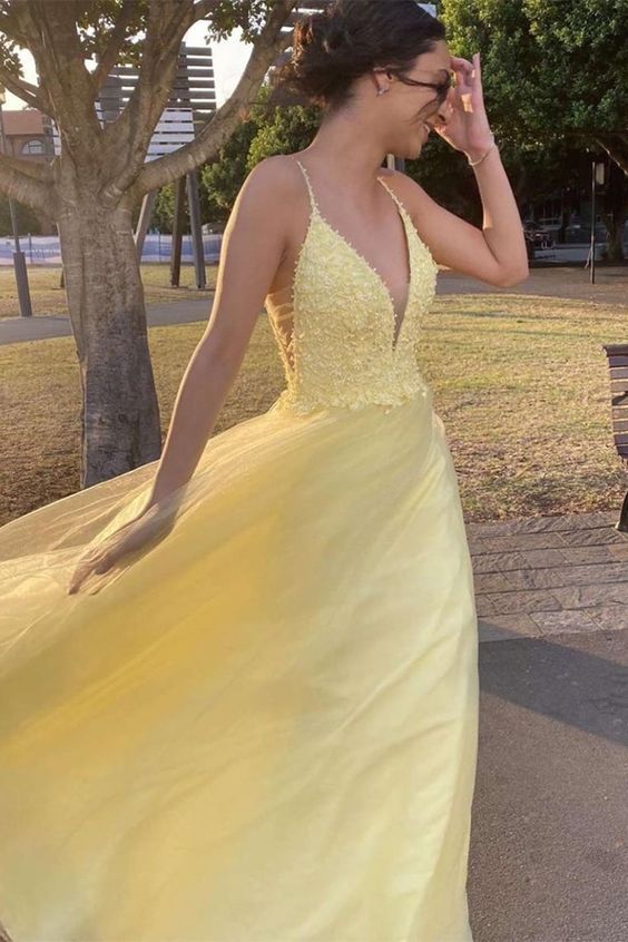 A Line V Neck Yellow Lace Long Prom Dresses, V Neck Yellow Lace Formal Graduation Evening Dresses - VelvetHem