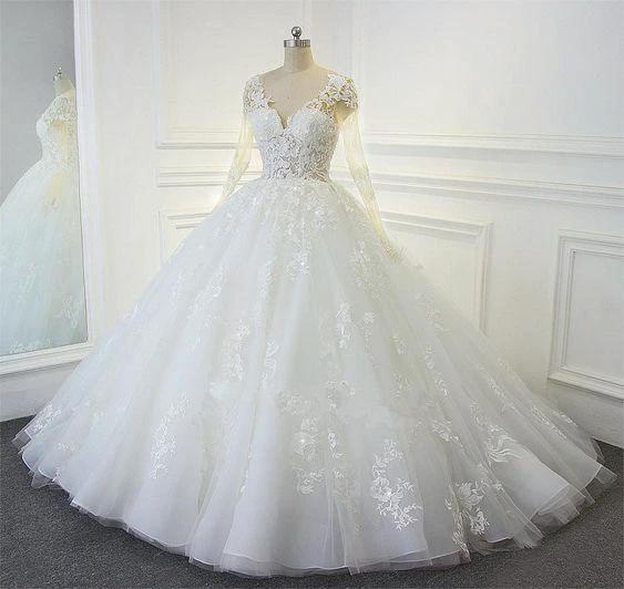 V-Neck White Organza Ball Gown Wedding Dresses Long Sleeve Bridal Dress (ZD13577) - VelvetHem