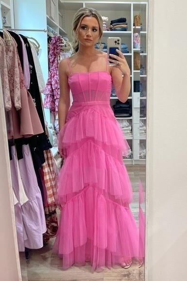 Princess Hot Pink A Line Tulle Long Prom Dress Layered Ruffles Evening Gown - VelvetHem