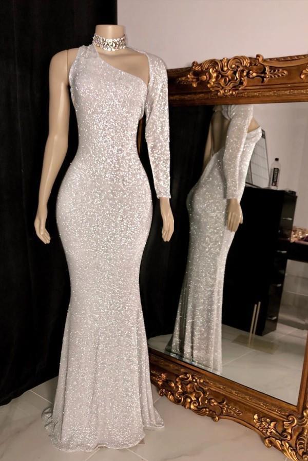 One Shoulder Long Sleevess Silver Party Dress Sequins Mermaid Prom Dress - VelvetHem