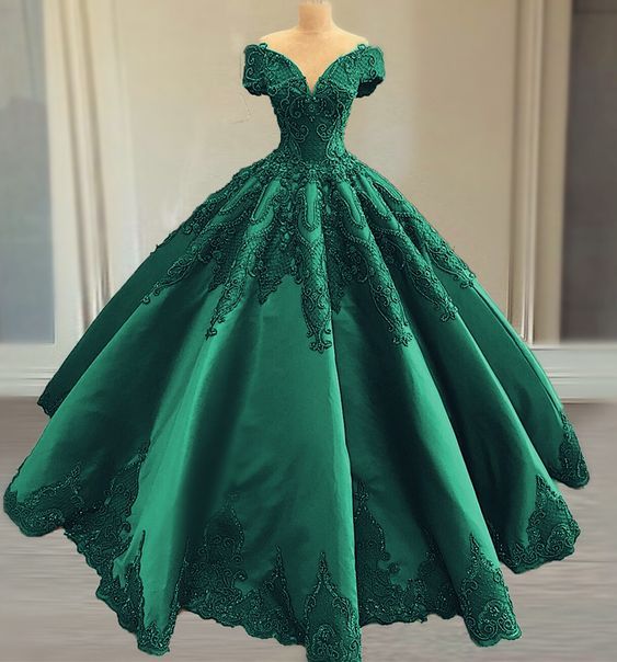 Elegant green satin ball gown wedding dress lace embroidery beaded off the shoulder for bridal party - VelvetHem