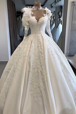 Long-Sleeves Brilliant High-Neck Appliques Flowers Feather Wedding Dresses , Ball Gown - VelvetHem