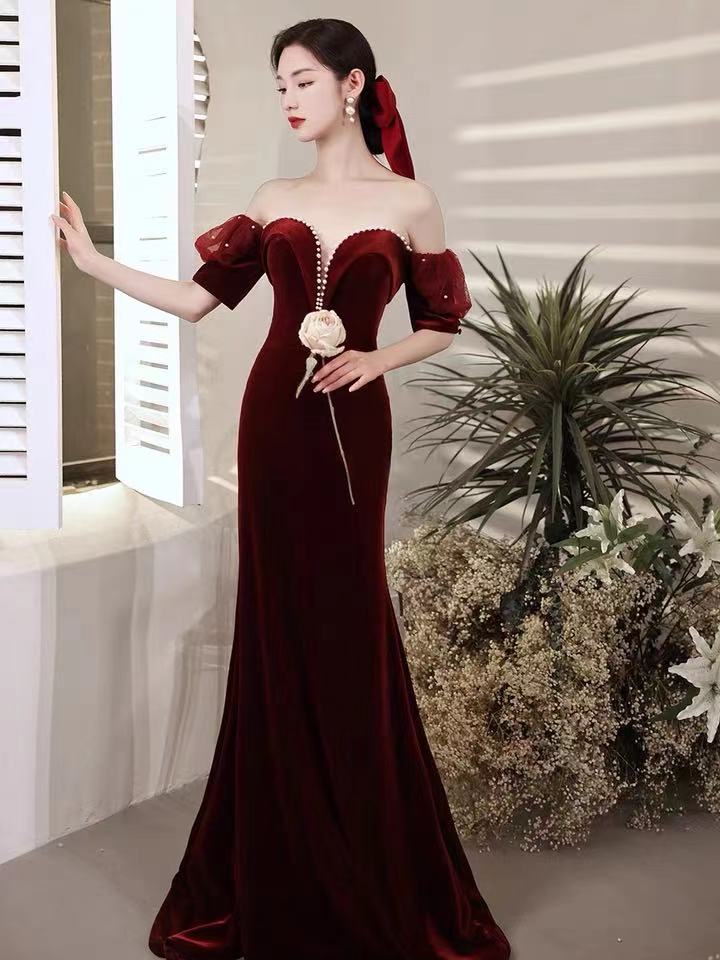 Burgundy party dress,off shoulder evening dress,velvet mermaid long prom dress,backless sexy formal dress,custom made - VelvetHem