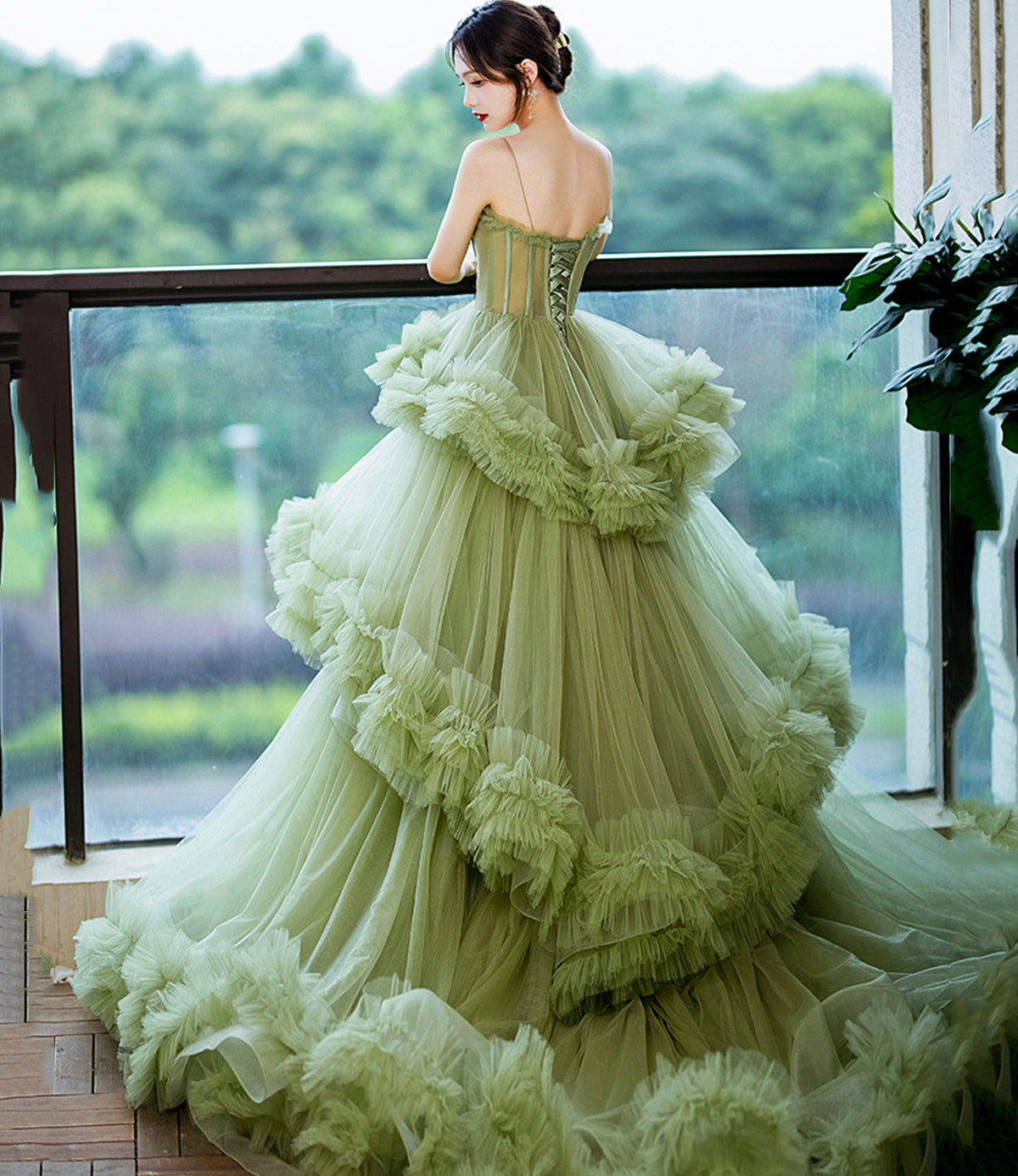Green tulle long A line prom dress green evening dress - VelvetHem