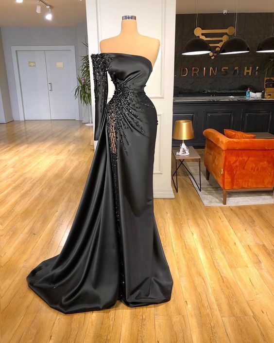 Black Split Side Mermaid Satin Evening Party Prom Dress - VelvetHem