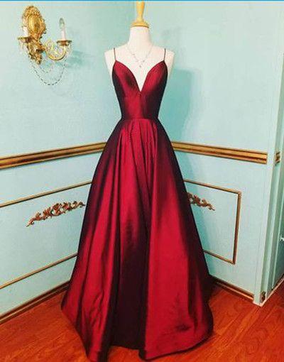 Burgundy satin V neck long prom dress, prom dresses - VelvetHem