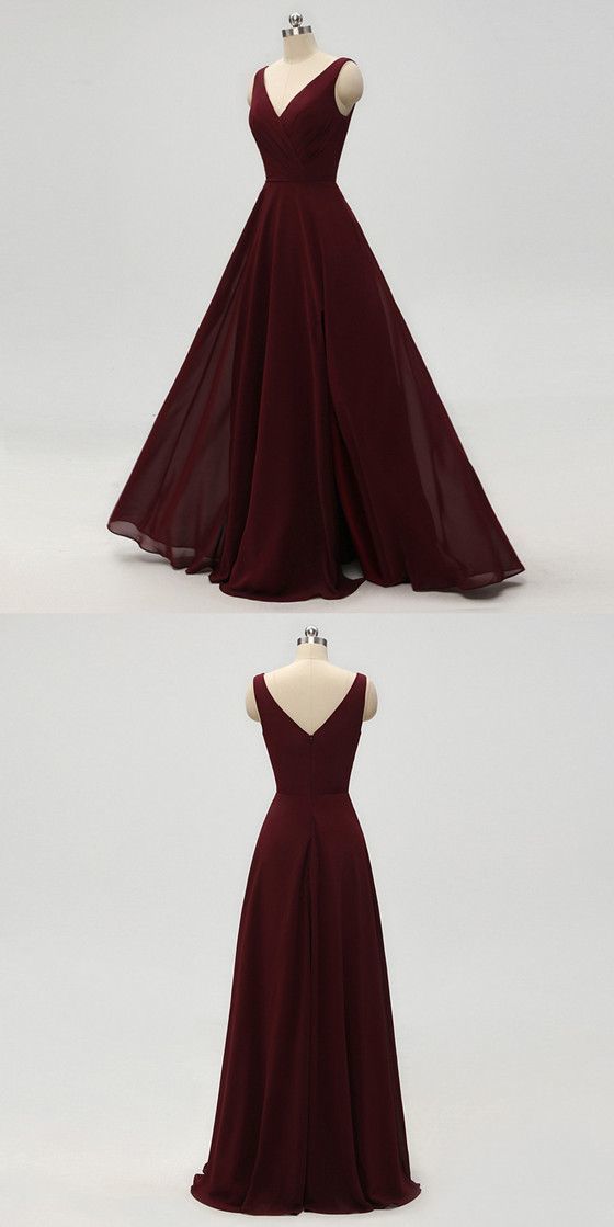 A-line V-neck Burgundy Chiffon Prom Dresses With Pleats - VelvetHem