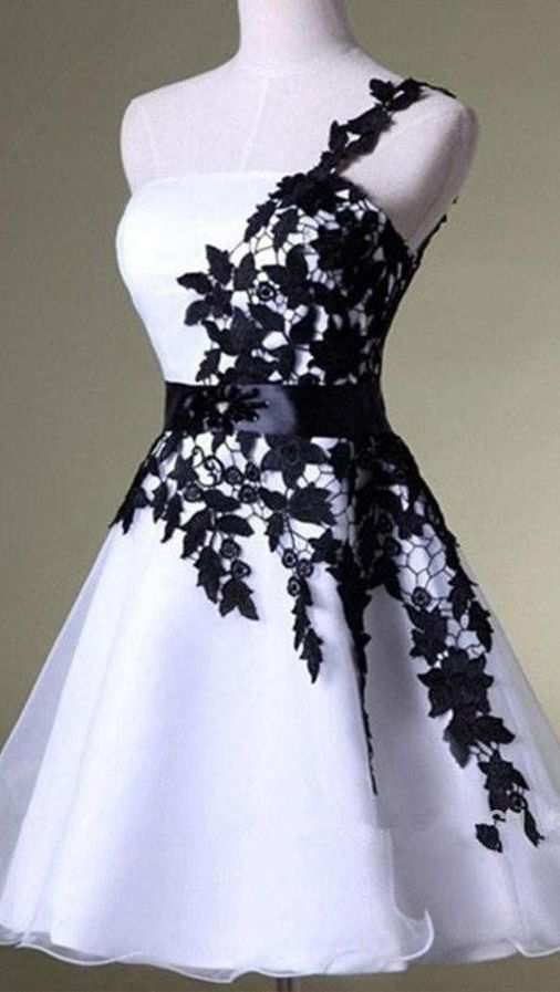 A Line One Shoulder White Homecoming Dress with Black Lace, Knee Length Party Dress - VelvetHem