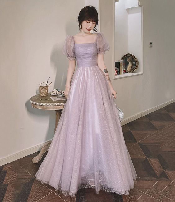 Purple tulle long A line prom dress evening dress - VelvetHem