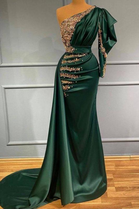 Charming dark green satin mermaid evening dress with gold bow appliqu�s pearls - VelvetHem