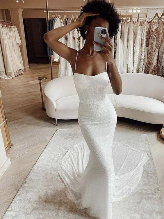Mermaid Modest Spaghetti Straps Sparkly Long Beach Prom Dresses - VelvetHem
