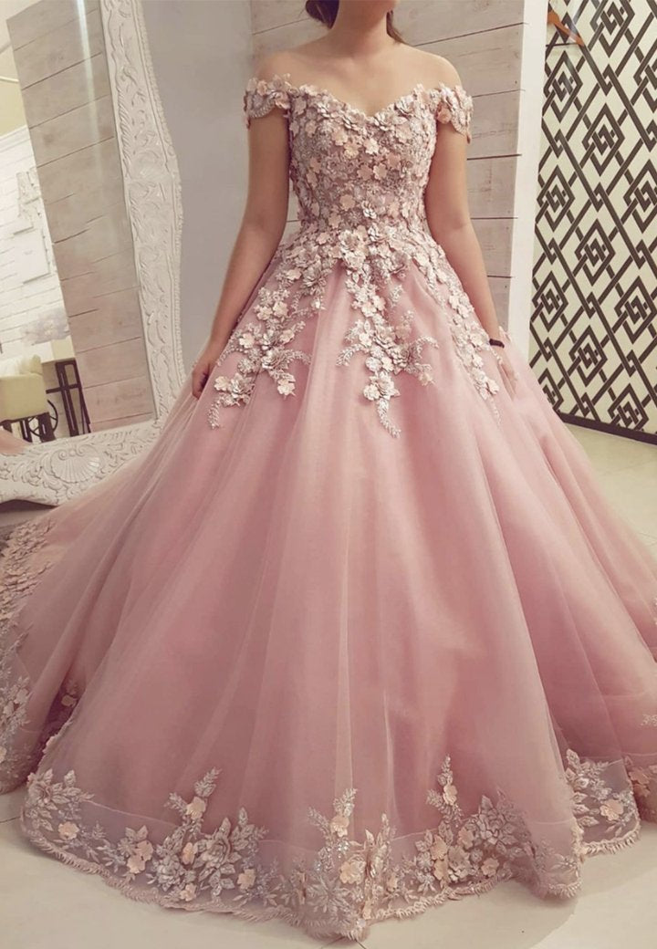 Pink tulle appliqu� long ball gown dress formal dress - View 2 | VelvetHem