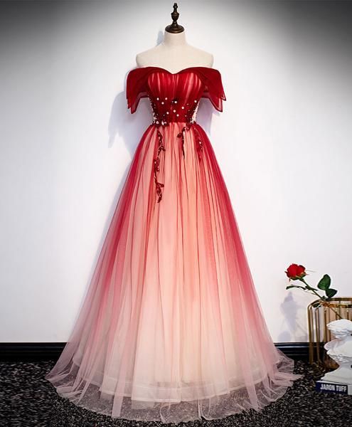 Burgundy off shoulder tulle long prom dress burgundy formal dress - VelvetHem