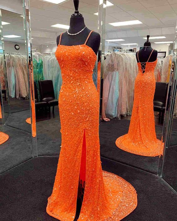 Mermaid Sequined Orange Prom Dress with Slit - VelvetHem