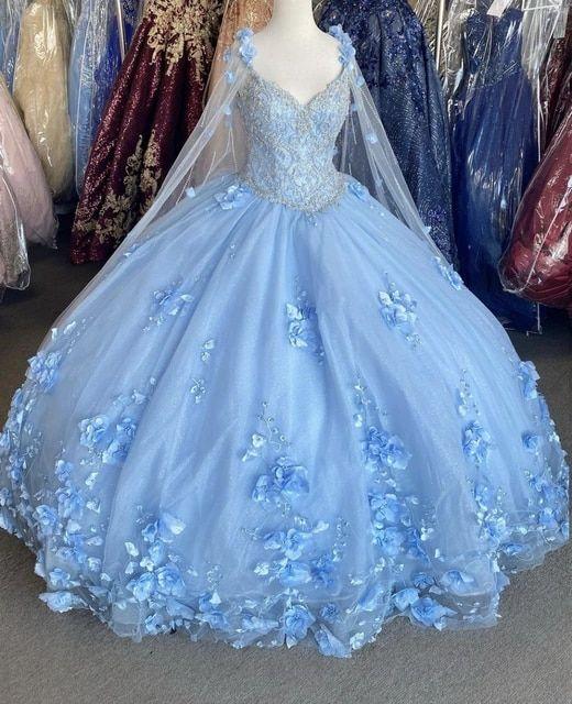 Blue flowers tulle ball gown , chic prom dress - VelvetHem