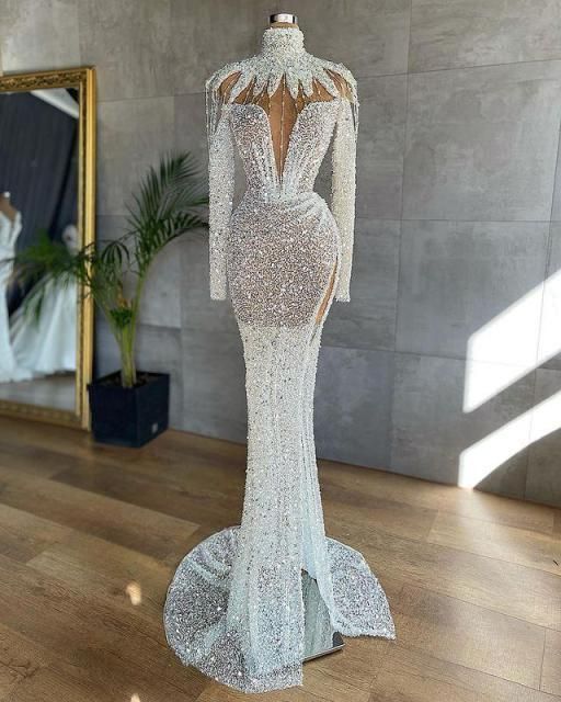 White Arabic Split Prom Dresses Luxury Beading Sequined High Neck Long Sleeve Women Plus Size Formal Evening Gowns - VelvetHem