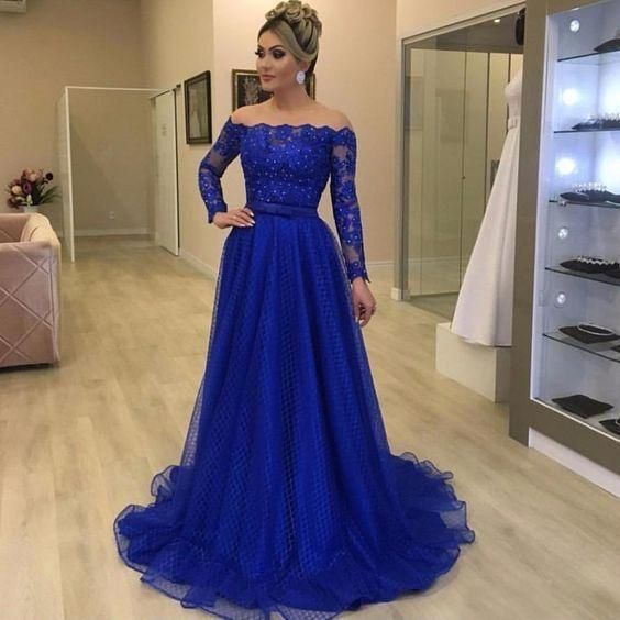 Off shoulder royal blue prom dress - VelvetHem