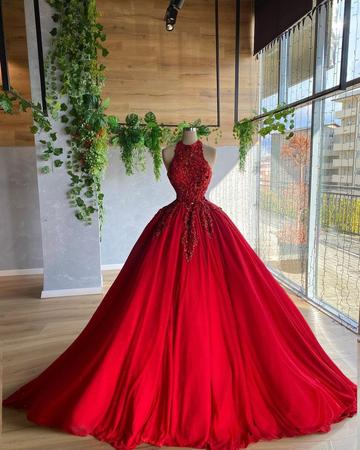 Red A line prom dress ball gown evening dress - VelvetHem