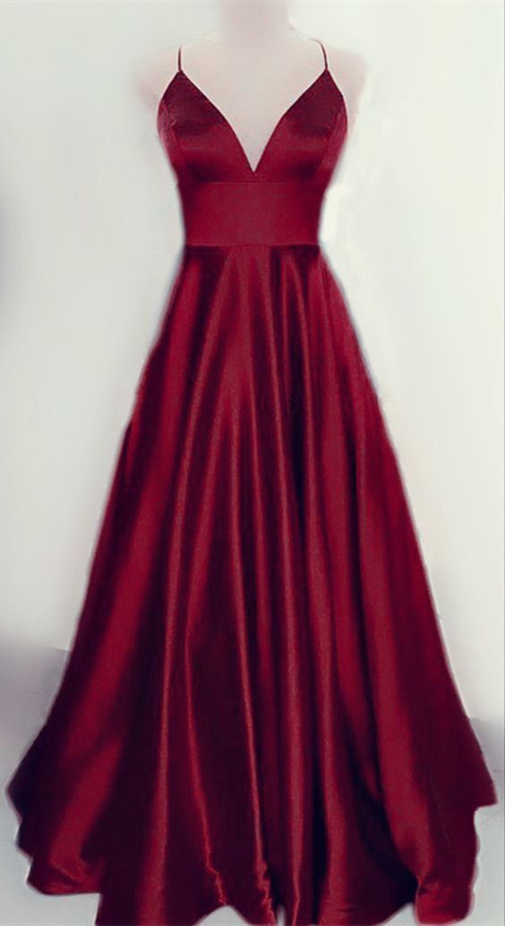 Burgundy spaghetti strapssimple prom dress - VelvetHem