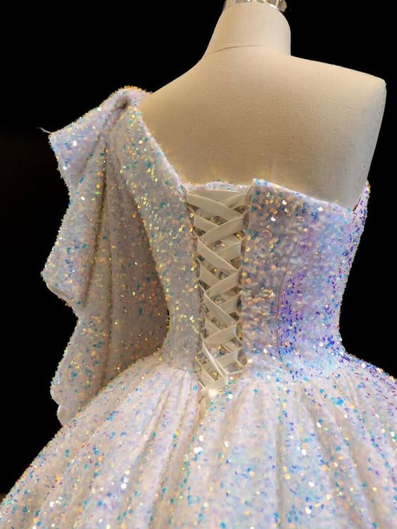 One Shoulder Ball Gown Sequin Prom Dresses, Quinceanera Dresses - VelvetHem