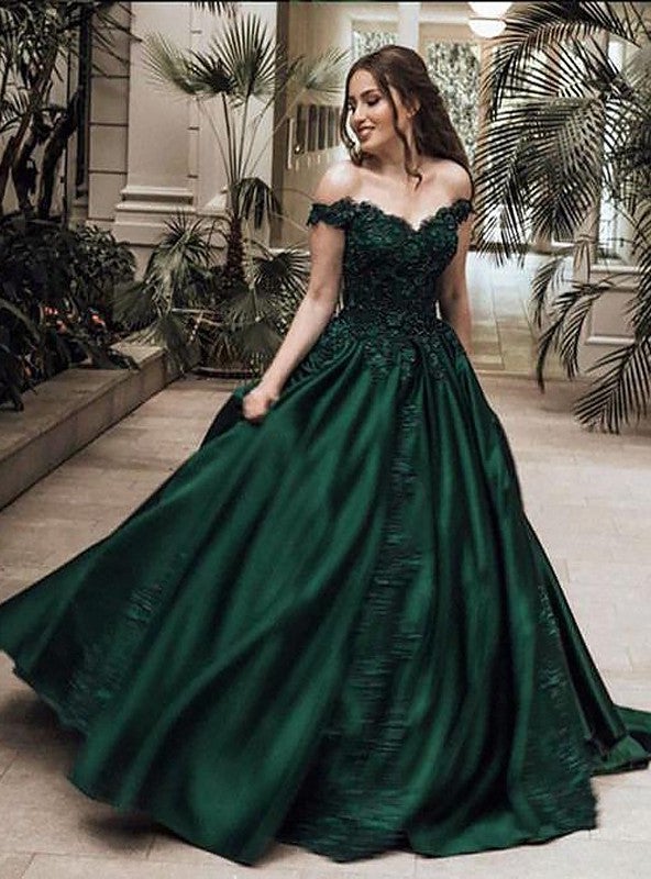 Classic Satin Dark Green Off Shoulder Sweetheart Ball Gown Prom Dress - VelvetHem