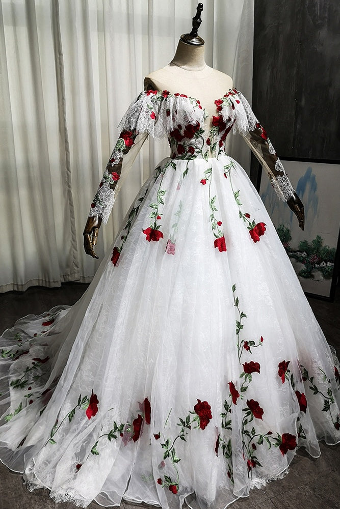 Gorgeous Long Sleeves Lace Embroidery Ball Gown Wedding Dresses Sweet 16 Dress - VelvetHem