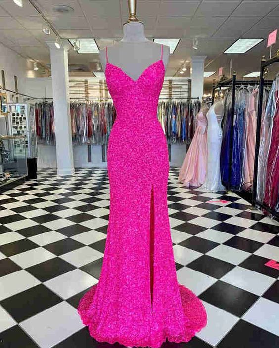 Hot Pink Straps Prom Dress with Slit,Mermaid Prom Dresses,Sexy Party Dresses - VelvetHem