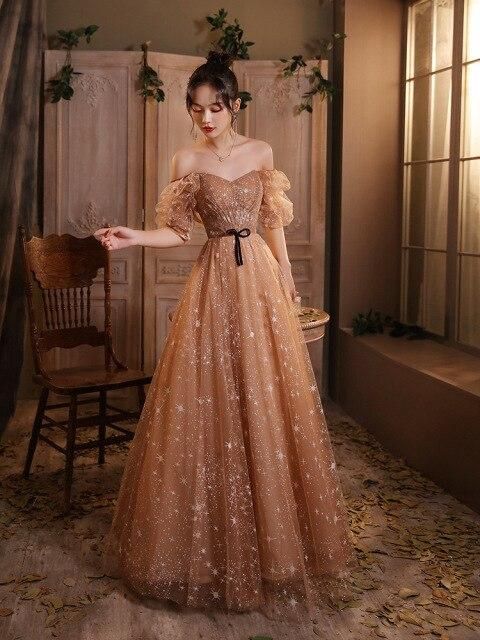 Elegant Champagne Evening Dresses Female Lanturn Sleeves Bow Lace Up Long French Style Ball Gowns - VelvetHem