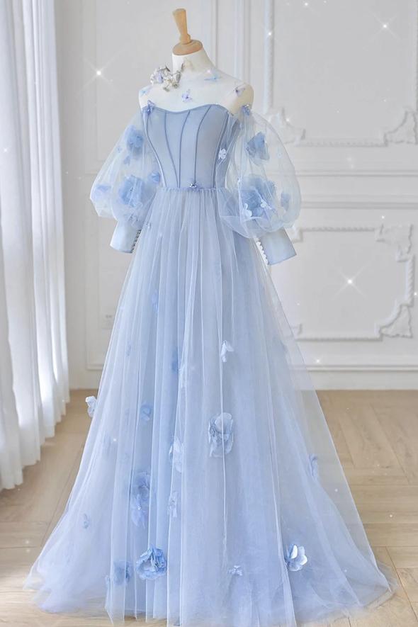 Blue tulle long sleeve prom dress blue evening dress - VelvetHem