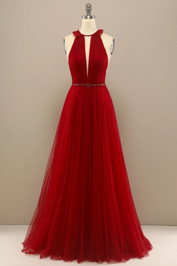Red Pleated Long Chiffon Prom Dress - VelvetHem
