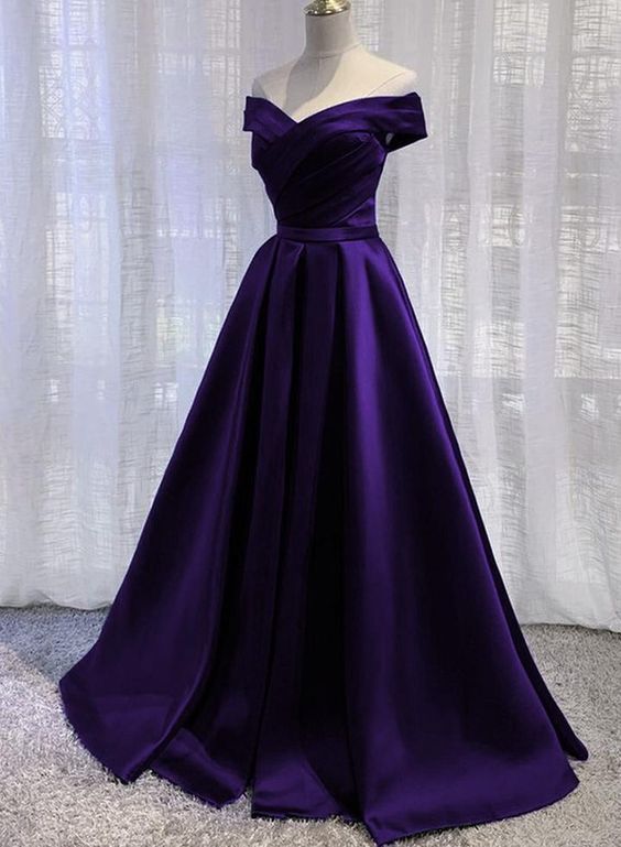 Simple Off Shoulder Satin Long Prom Dress, Dark Purple Party Dress Evening Gown - VelvetHem