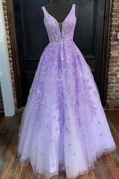 V Neck Purple Lace Long Prom Dress, Long Purple Lace Formal Dress, Lilac Lace Evening Dress - VelvetHem