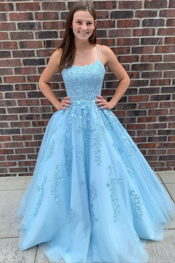 Light Blue Applique Lace up back Prom Dress - VelvetHem