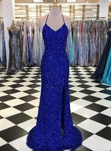 Chic Royal Blue Spaghetti Straps Backless Long Sheath Prom Dresses - VelvetHem