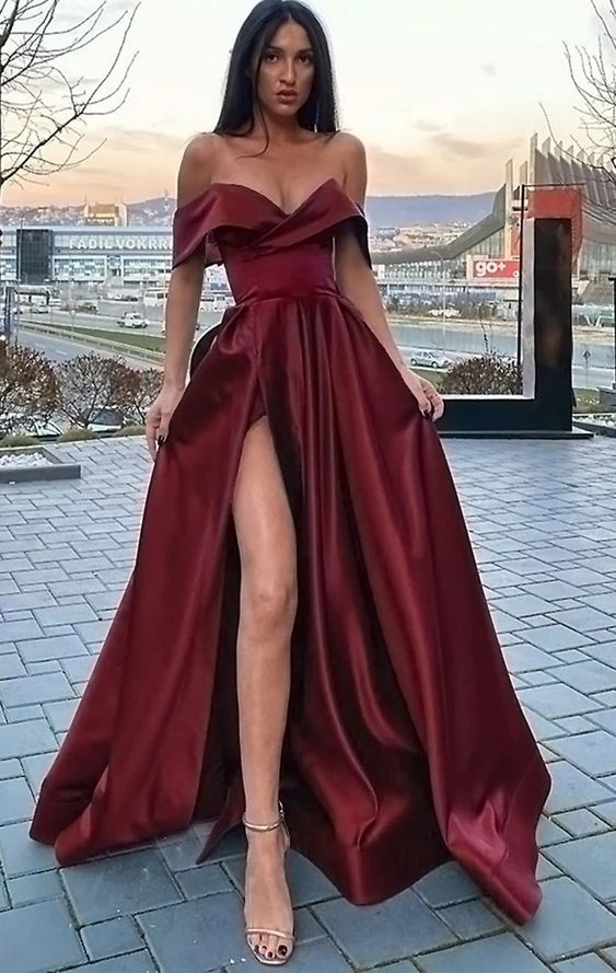 Elegant A Line Satin Off the Shoulder Royal Blue Long Women Formal Prom Dresses Party Gown with Slit - VelvetHem