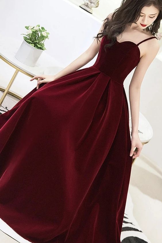 Velvet Straps V-neckline Party Dress, Long Burgundy Prom Dress Evening Dress - VelvetHem