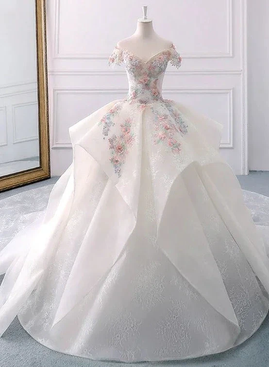 Stunning Off The Shoulder Flower Ball Gown Lace Wedding Dress (ZD13599)