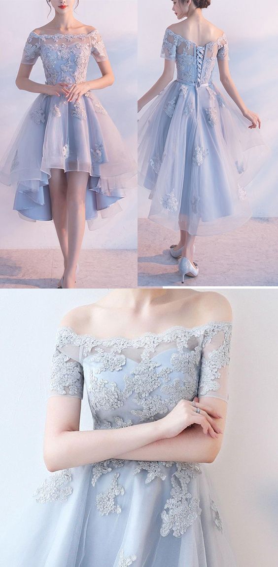 Sexy Short Sleeves Lace Appliques Homecoming Dresses High Low Prom Hoco Dress - VelvetHem