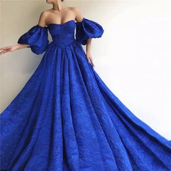 Blue Puff Half Sleeves Evening Dress Lace Prom Dress - VelvetHem