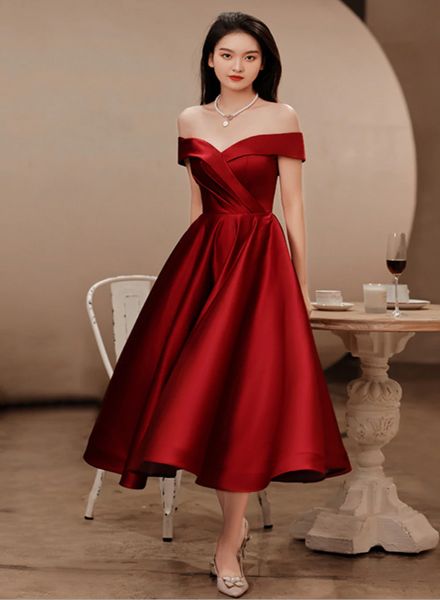 Wine Red Satin Tea Length Bridesmaid Dress Party Dress, Burgundy Satin Homecoming Dress - VelvetHem