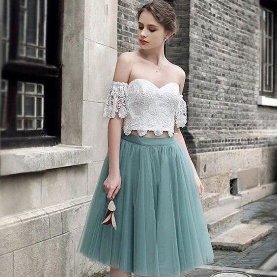 Short Homecoming Dress, Tulle Homecoming Dress, Two Pieces Homecoming Dress, A-Line Junior School Dress, Lace Graduation Dress, Sweet Heart Homecoming - VelvetHem