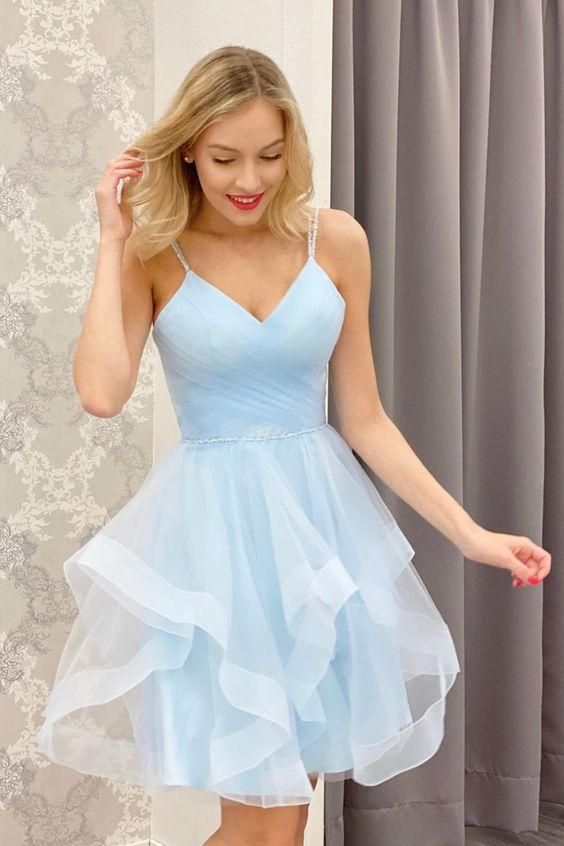 Light Blue Homecoming Dress, Short Prom Dress, Back to School Party Gown - VelvetHem
