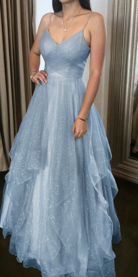 Elegant Blue spaghetti straps tulle long prom dress V-Neck Blue Tulle Prom Dress Long Evening A Line Corset Dress - VelvetHem