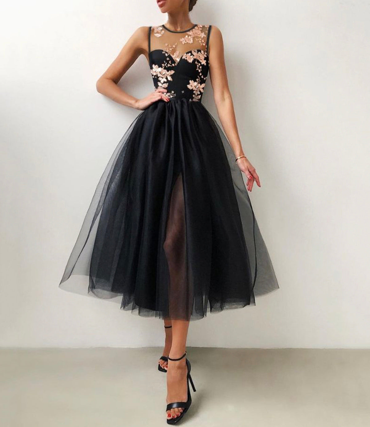 Black tulle lace short prom dress party dress - VelvetHem