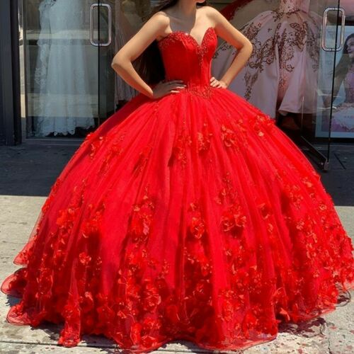 Red Quinceanera Dresses 3D Flowers Princess Corset Back Princess Prom Sweet 16 - VelvetHem