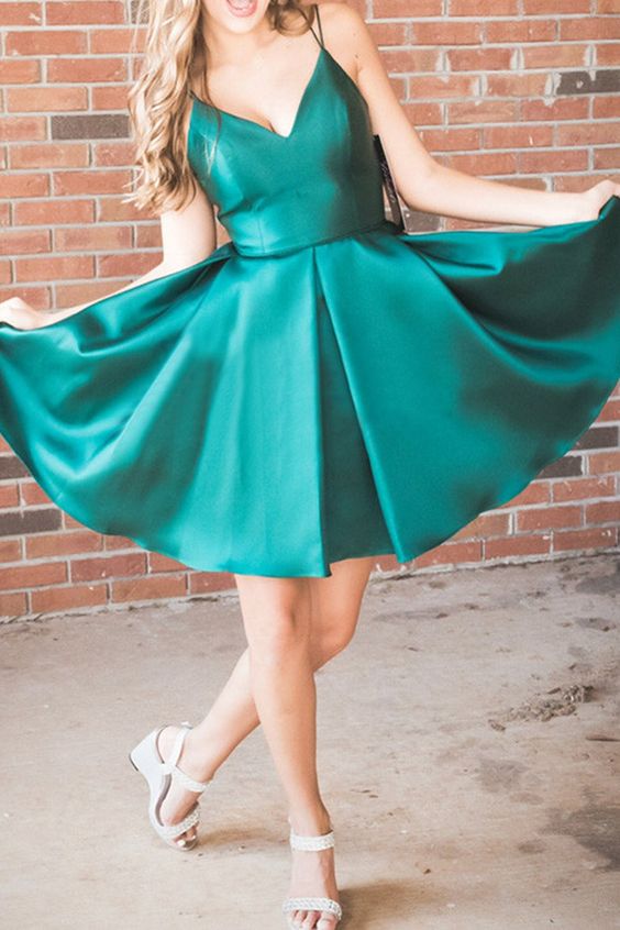 Straps V Neck Satin Mini Prom Homecoming Dress Dark Green Cocktail Party Dress - VelvetHem