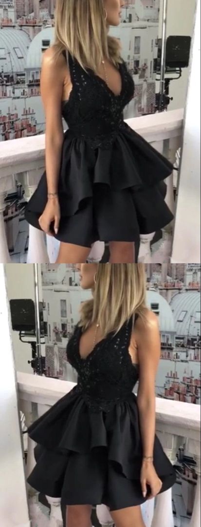Short black Homecoming Dresses V-neck Party Dress - VelvetHem
