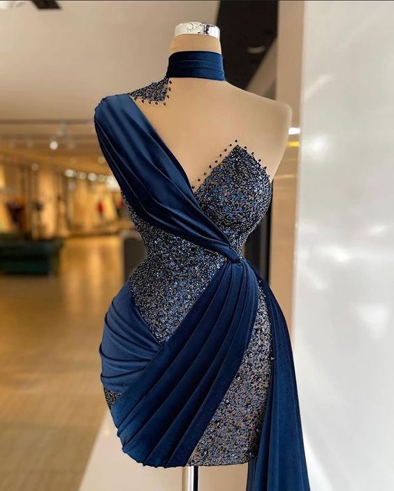 Navy Blue Velvet Sparkly Short Formal Train One Shoulder Short Prom Dresses Pleated Evening Gowns Sexy Party Dress - VelvetHem