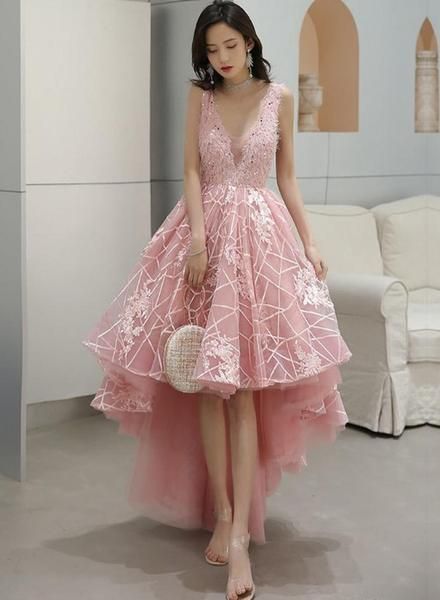 Pink V-Neckline Tulle Lace High Low Party Dress, Pink Formal Dress Homecoming Dress - VelvetHem